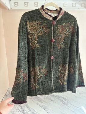 Vintage Chenille Tapestry Embroidered Sweater with Wooden Buttons